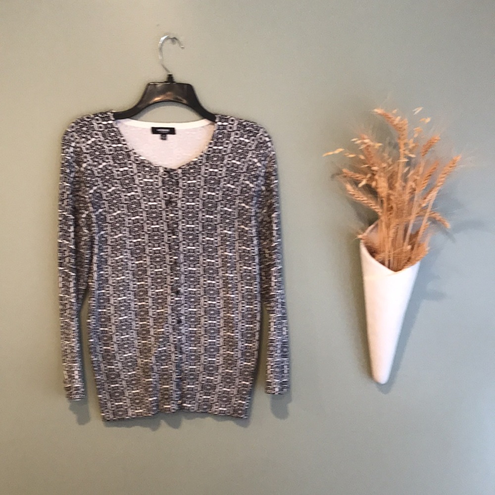 Premise Studio Black And Cream Geometric Button Front Cardigan. EUC